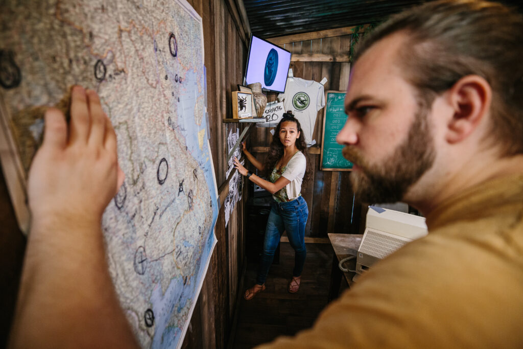 Looking at a map in an escape room